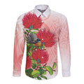 New Zealand Fantail Long Sleeve Button Shirt Maori Koru With Pohutukawa Flowers - Aussie Hoodie