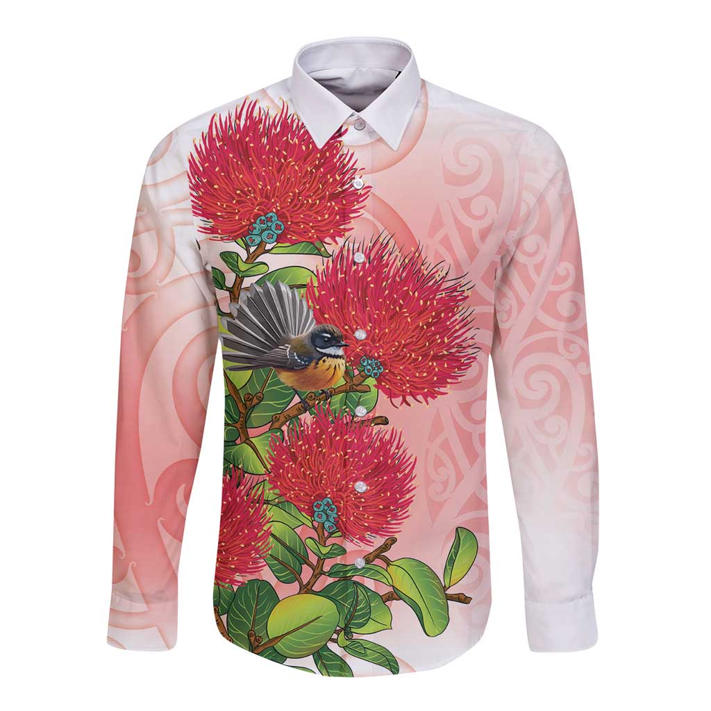 New Zealand Fantail Long Sleeve Button Shirt Maori Koru With Pohutukawa Flowers - Aussie Hoodie