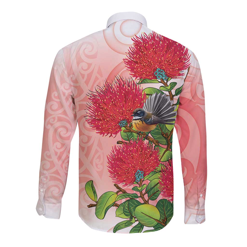 New Zealand Fantail Long Sleeve Button Shirt Maori Koru With Pohutukawa Flowers - Aussie Hoodie