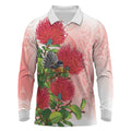 New Zealand Fantail Long Sleeve Polo Shirt Maori Koru With Pohutukawa Flowers - Aussie Hoodie