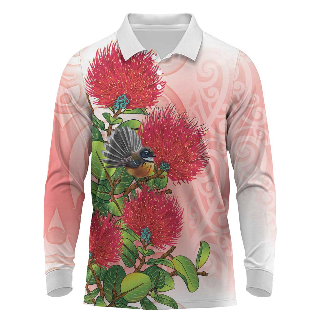 New Zealand Fantail Long Sleeve Polo Shirt Maori Koru With Pohutukawa Flowers - Aussie Hoodie