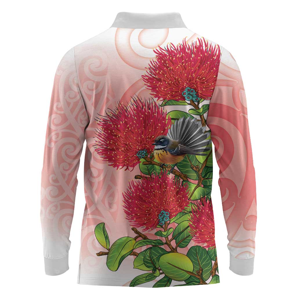 New Zealand Fantail Long Sleeve Polo Shirt Maori Koru With Pohutukawa Flowers - Aussie Hoodie