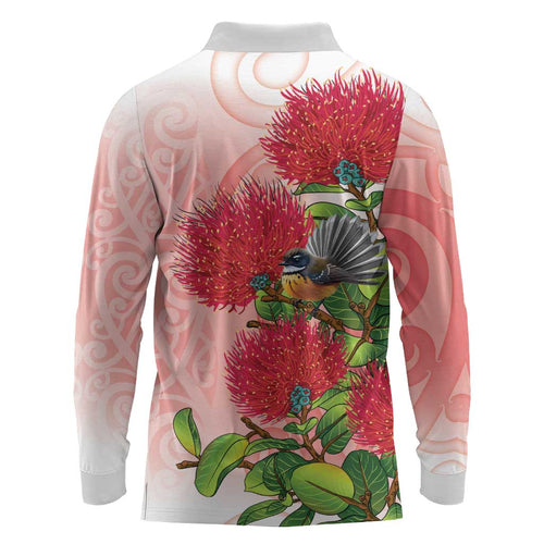 New Zealand Fantail Long Sleeve Polo Shirt Maori Koru With Pohutukawa Flowers - Aussie Hoodie