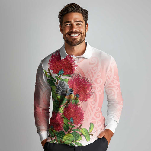 New Zealand Fantail Long Sleeve Polo Shirt Maori Koru With Pohutukawa Flowers - Aussie Hoodie