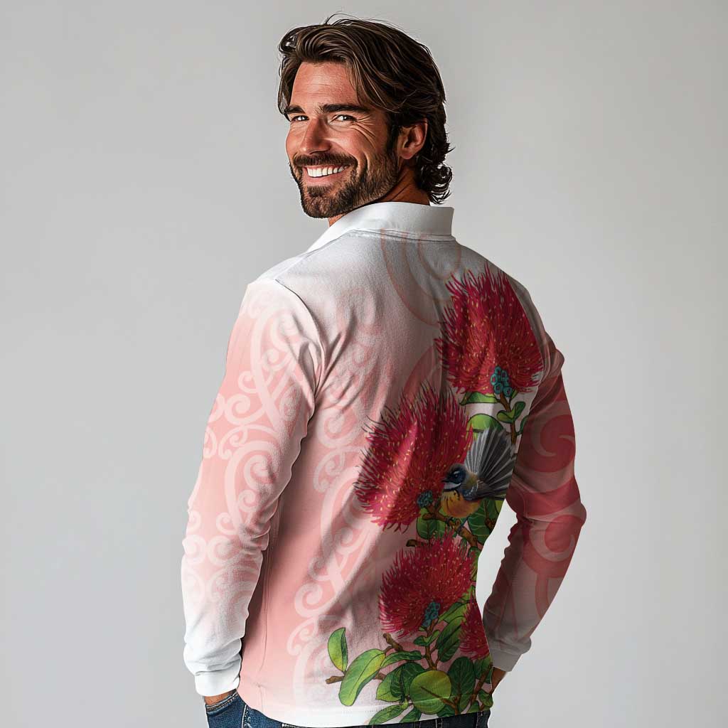 New Zealand Fantail Long Sleeve Polo Shirt Maori Koru With Pohutukawa Flowers - Aussie Hoodie