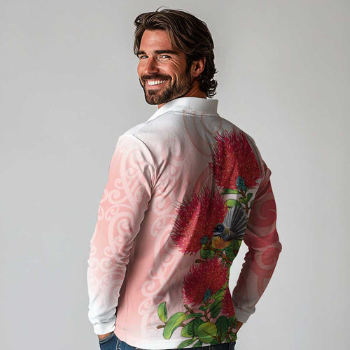 New Zealand Fantail Long Sleeve Polo Shirt Maori Koru With Pohutukawa Flowers - Aussie Hoodie