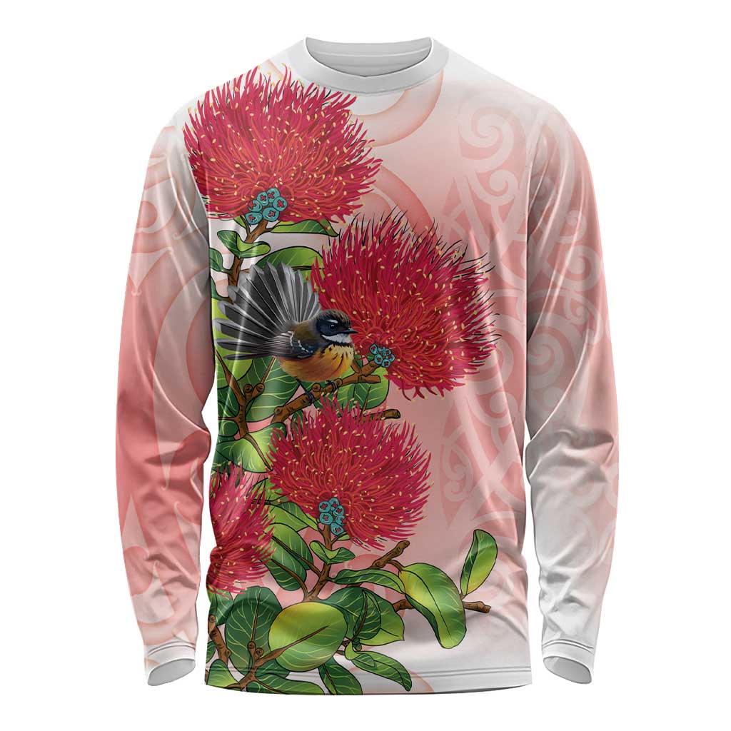New Zealand Fantail Long Sleeve Shirt Maori Koru With Pohutukawa Flowers - Aussie Hoodie