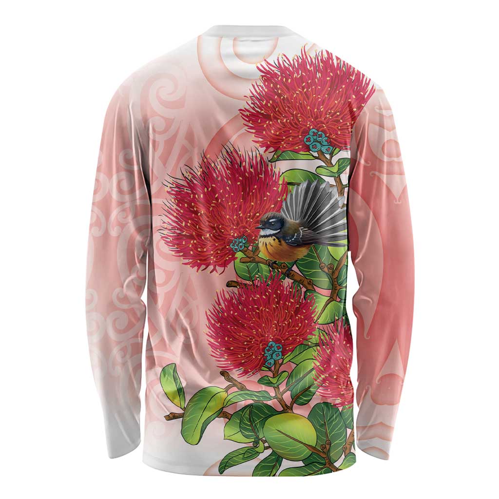 New Zealand Fantail Long Sleeve Shirt Maori Koru With Pohutukawa Flowers - Aussie Hoodie