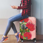 New Zealand Fantail Luggage Cover Maori Koru With Pohutukawa Flowers - Aussie Hoodie