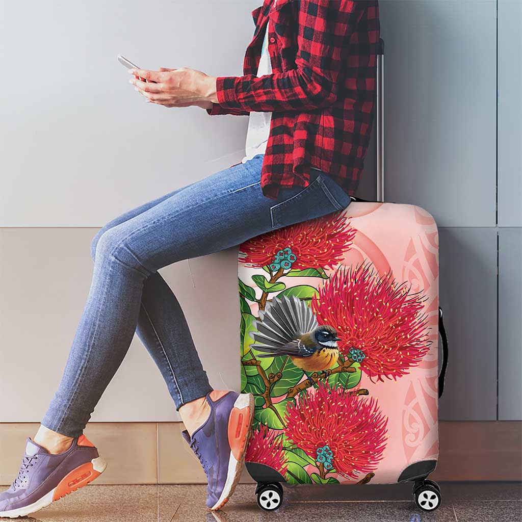 New Zealand Fantail Luggage Cover Maori Koru With Pohutukawa Flowers - Aussie Hoodie