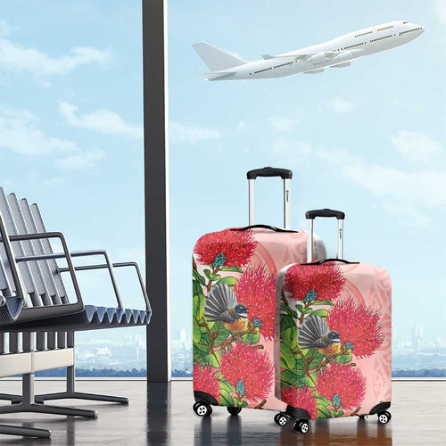 New Zealand Fantail Luggage Cover Maori Koru With Pohutukawa Flowers - Aussie Hoodie