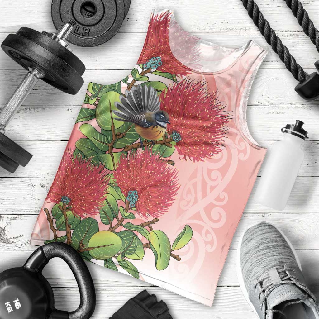 New Zealand Fantail Men Tank Top Maori Koru With Pohutukawa Flowers - Aussie Hoodie