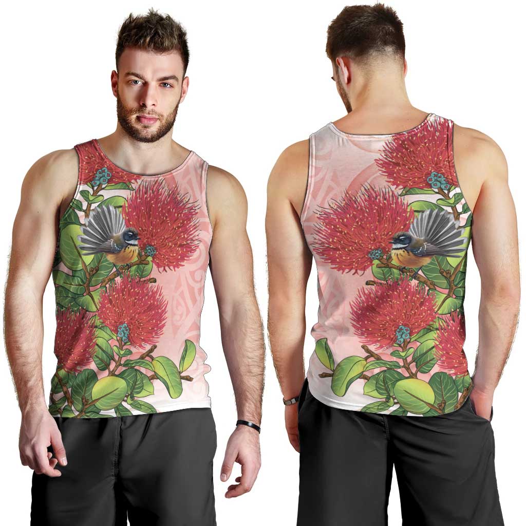 New Zealand Fantail Men Tank Top Maori Koru With Pohutukawa Flowers - Aussie Hoodie