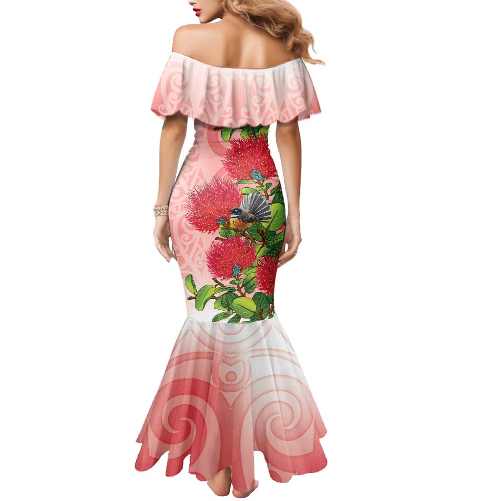 New Zealand Fantail Mermaid Dress Maori Koru With Pohutukawa Flowers - Aussie Hoodie