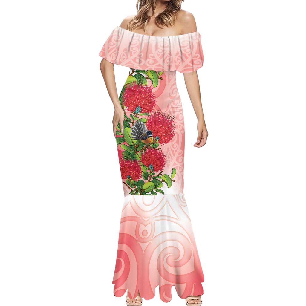 New Zealand Fantail Mermaid Dress Maori Koru With Pohutukawa Flowers - Aussie Hoodie