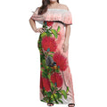 New Zealand Fantail Off Shoulder Maxi Dress Maori Koru With Pohutukawa Flowers - Aussie Hoodie