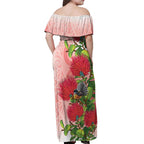 New Zealand Fantail Off Shoulder Maxi Dress Maori Koru With Pohutukawa Flowers - Aussie Hoodie