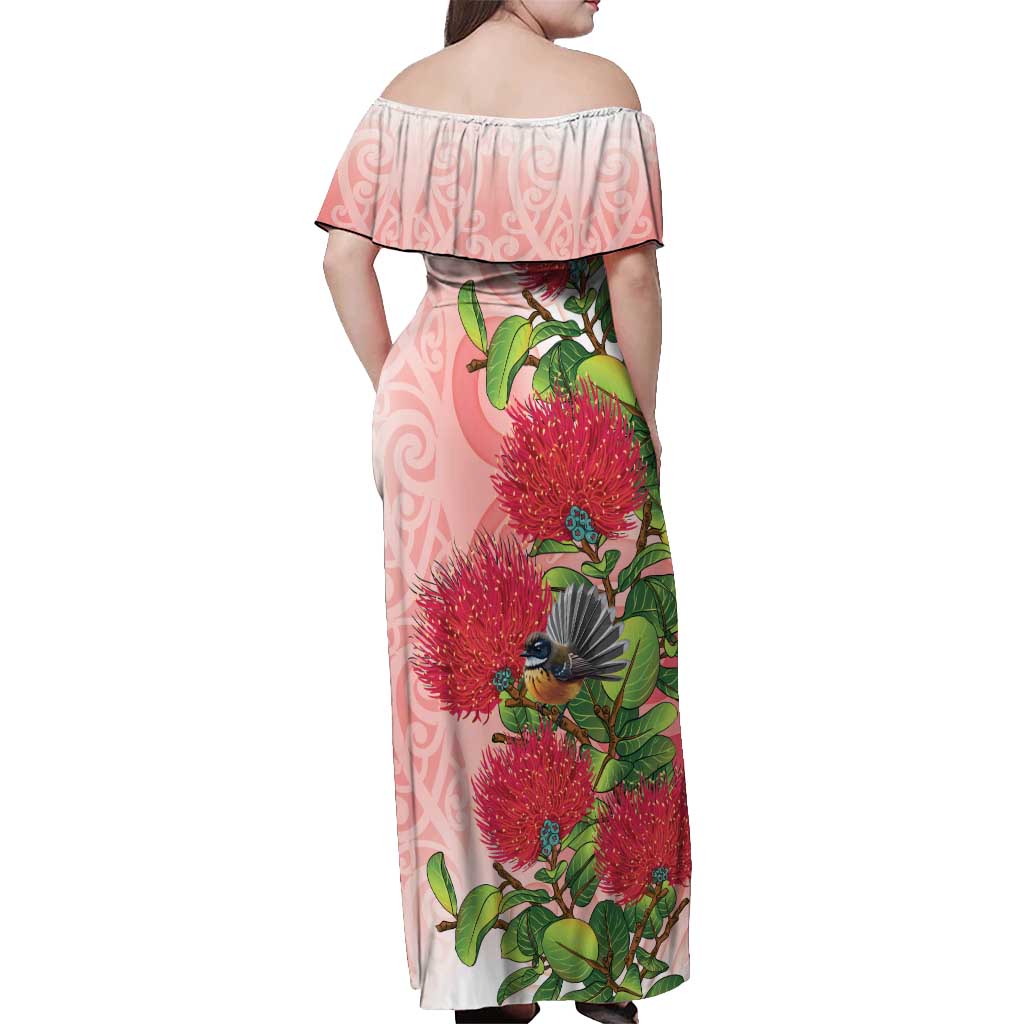 New Zealand Fantail Off Shoulder Maxi Dress Maori Koru With Pohutukawa Flowers - Aussie Hoodie