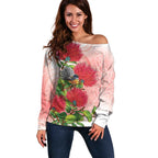 New Zealand Fantail Off Shoulder Sweater Maori Koru With Pohutukawa Flowers - Aussie Hoodie