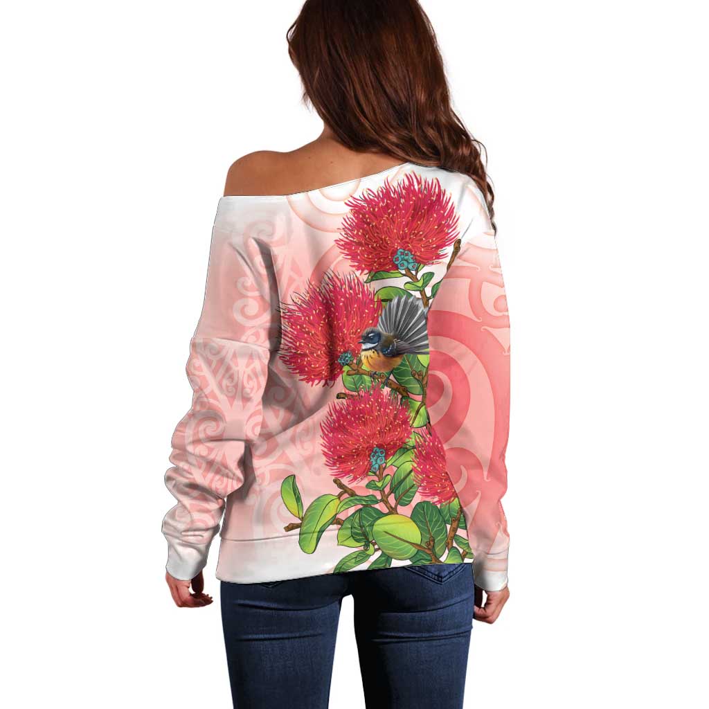 New Zealand Fantail Off Shoulder Sweater Maori Koru With Pohutukawa Flowers - Aussie Hoodie