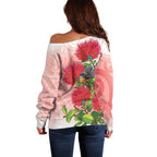 New Zealand Fantail Off Shoulder Sweater Maori Koru With Pohutukawa Flowers - Aussie Hoodie