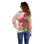 New Zealand Fantail Off Shoulder Sweater Maori Koru With Pohutukawa Flowers - Aussie Hoodie