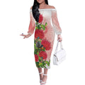 New Zealand Fantail Off The Shoulder Long Sleeve Dress Maori Koru With Pohutukawa Flowers - Aussie Hoodie