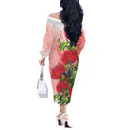 New Zealand Fantail Off The Shoulder Long Sleeve Dress Maori Koru With Pohutukawa Flowers - Aussie Hoodie