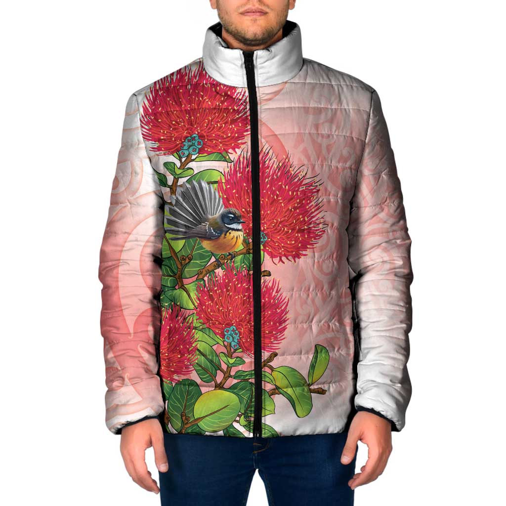 New Zealand Fantail Padded Jacket Maori Koru With Pohutukawa Flowers - Aussie Hoodie
