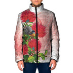 New Zealand Fantail Padded Jacket Maori Koru With Pohutukawa Flowers - Aussie Hoodie