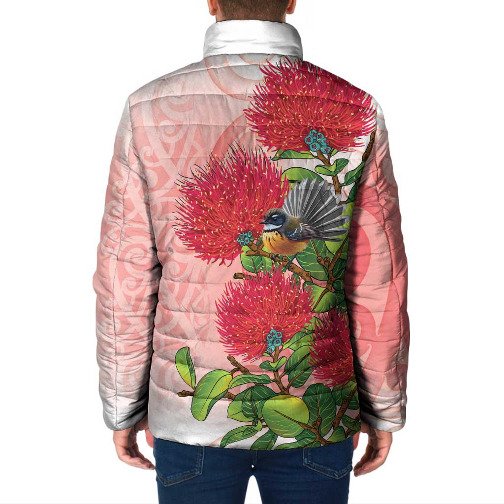 New Zealand Fantail Padded Jacket Maori Koru With Pohutukawa Flowers - Aussie Hoodie