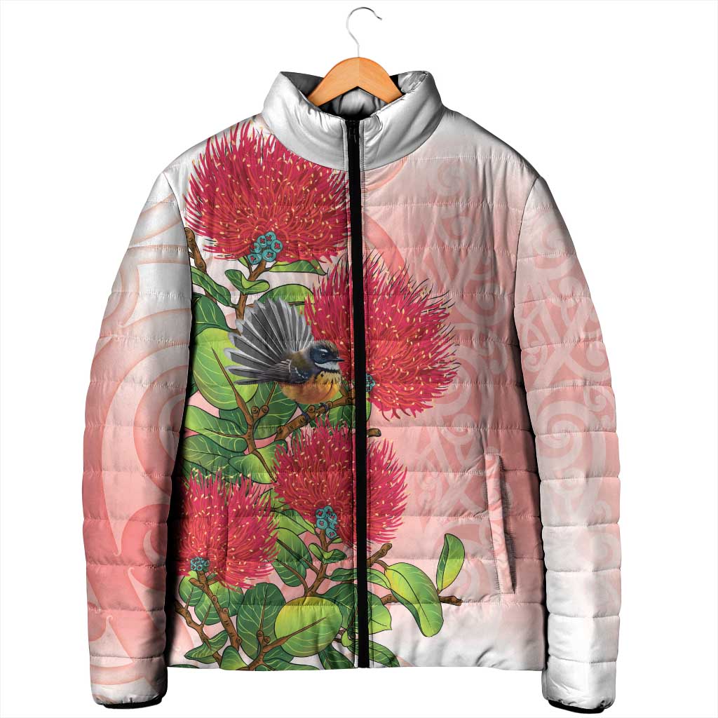 New Zealand Fantail Padded Jacket Maori Koru With Pohutukawa Flowers - Aussie Hoodie