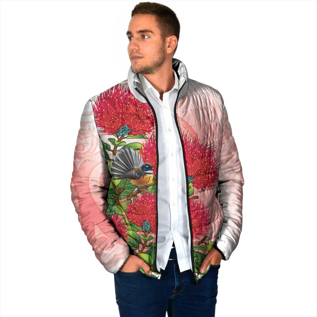 New Zealand Fantail Padded Jacket Maori Koru With Pohutukawa Flowers - Aussie Hoodie