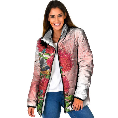 New Zealand Fantail Padded Jacket Maori Koru With Pohutukawa Flowers - Aussie Hoodie