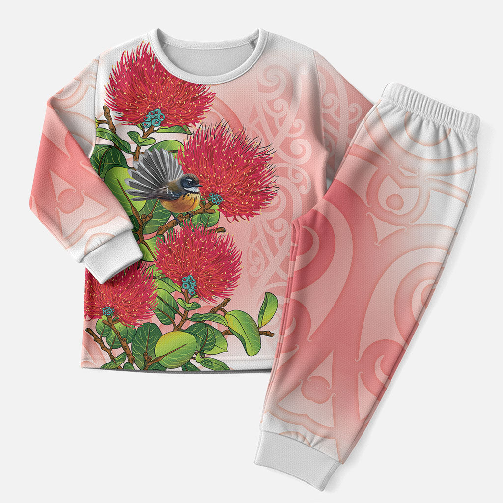 New Zealand Fantail Christmas Pajama Set Maori Koru With Pohutukawa Flowers