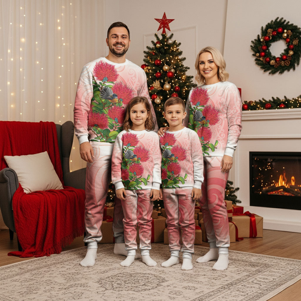 New Zealand Fantail Christmas Pajama Set Maori Koru With Pohutukawa Flowers