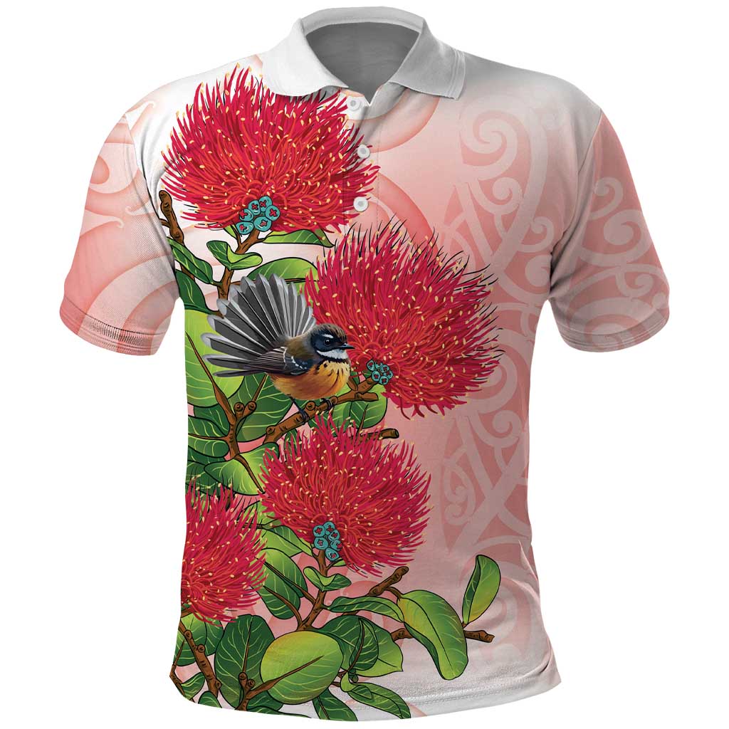 New Zealand Fantail Polo Shirt Maori Koru With Pohutukawa Flowers - Aussie Hoodie
