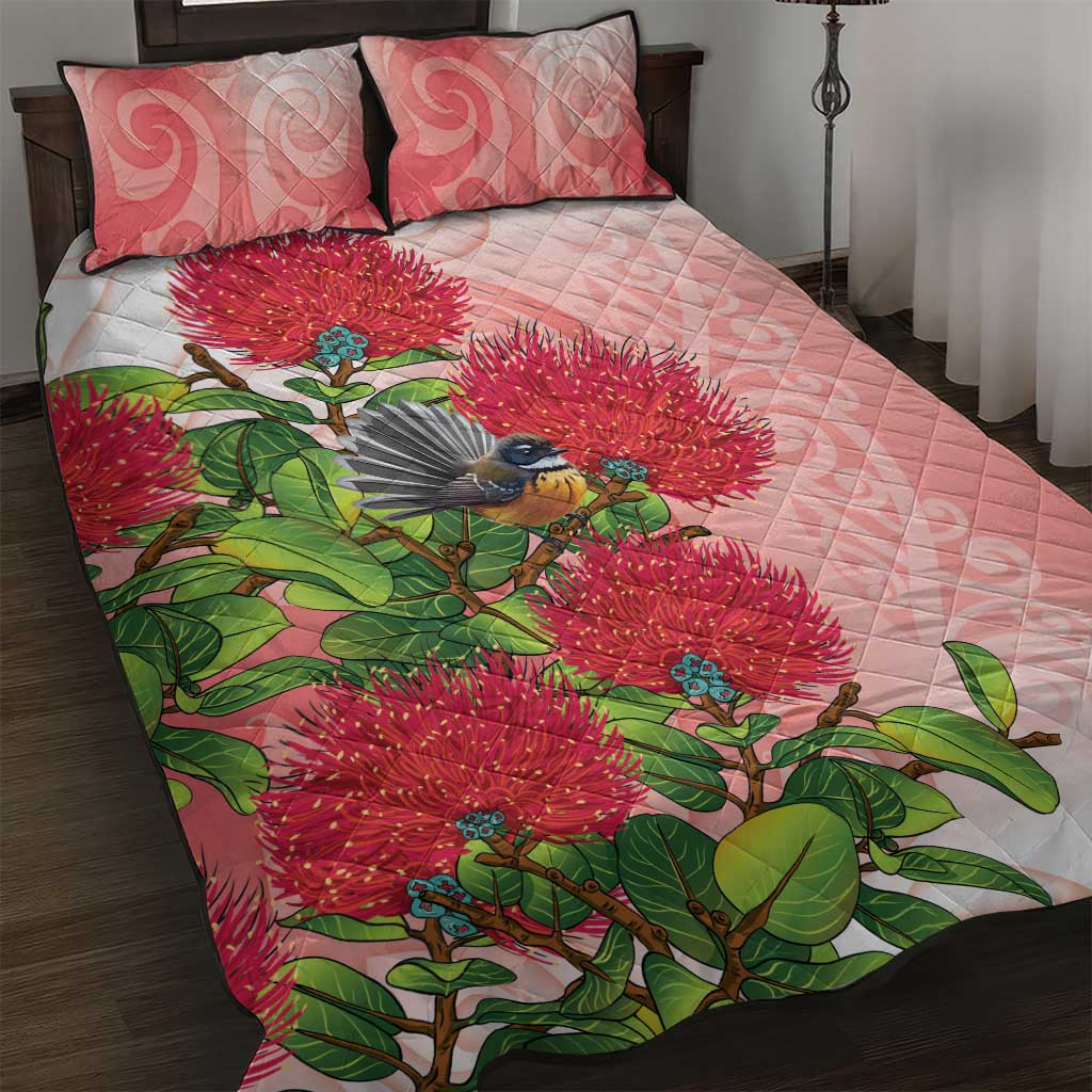 New Zealand Fantail Quilt Bed Set Maori Koru With Pohutukawa Flowers - Aussie Hoodie