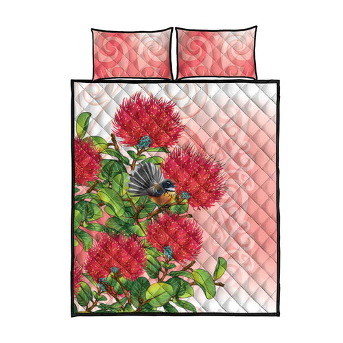 New Zealand Fantail Quilt Bed Set Maori Koru With Pohutukawa Flowers - Aussie Hoodie