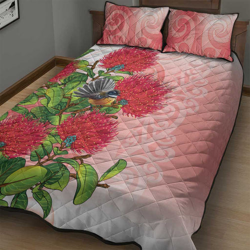 New Zealand Fantail Quilt Bed Set Maori Koru With Pohutukawa Flowers - Aussie Hoodie