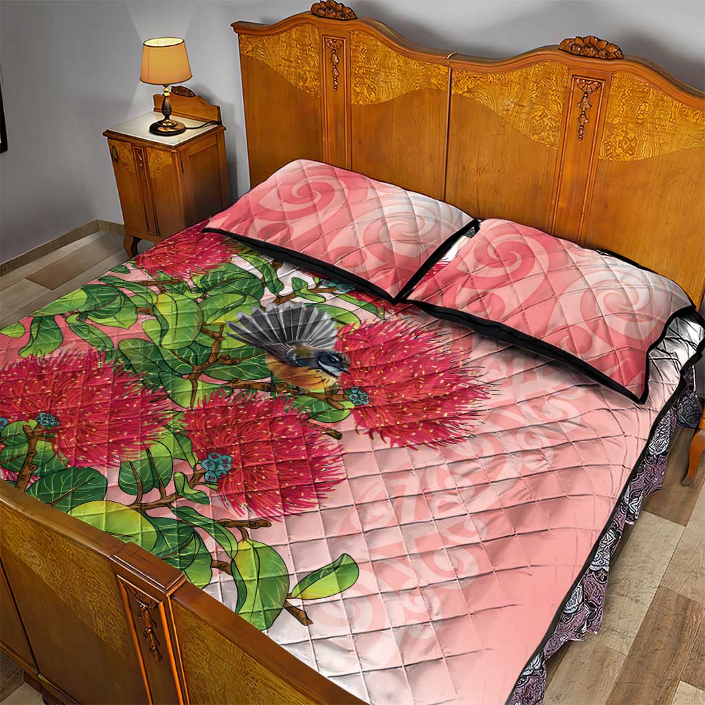 New Zealand Fantail Quilt Bed Set Maori Koru With Pohutukawa Flowers - Aussie Hoodie