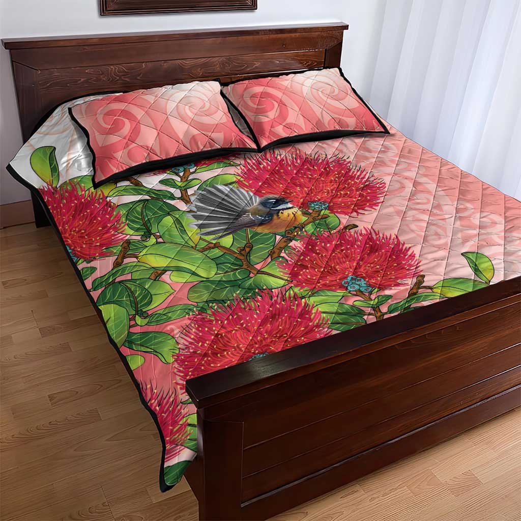New Zealand Fantail Quilt Bed Set Maori Koru With Pohutukawa Flowers - Aussie Hoodie