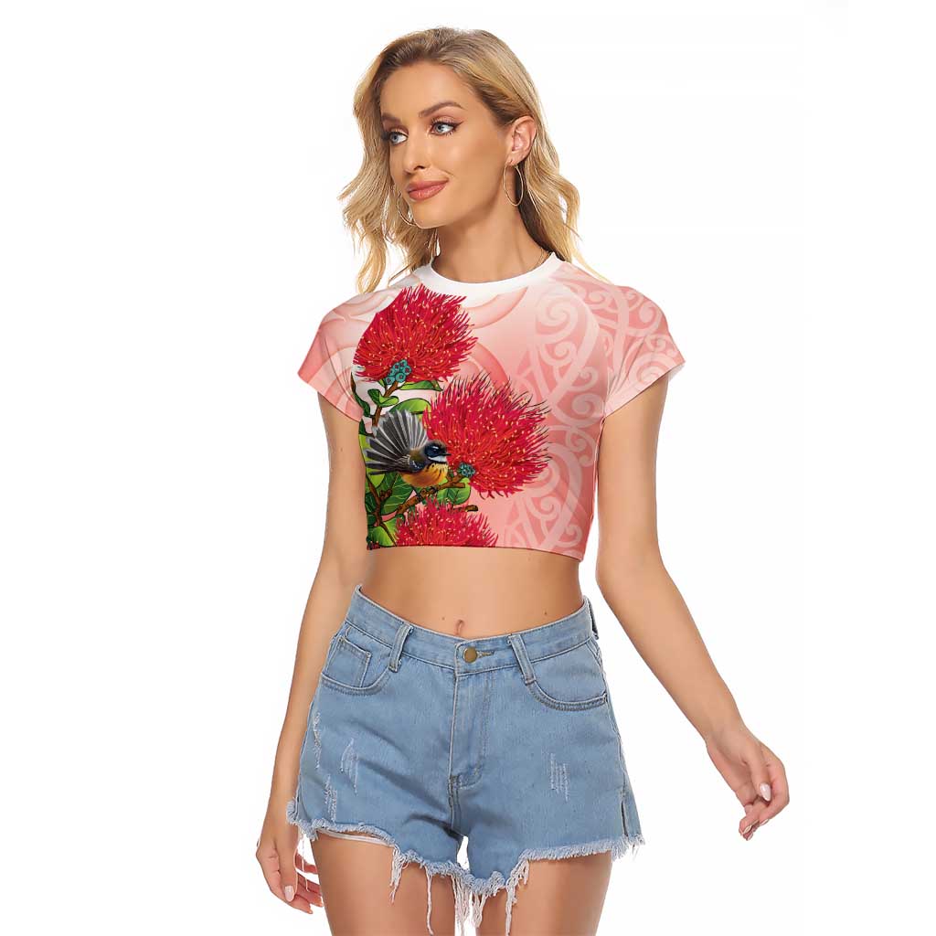 New Zealand Fantail Raglan Cropped T Shirt Maori Koru With Pohutukawa Flowers - Aussie Hoodie