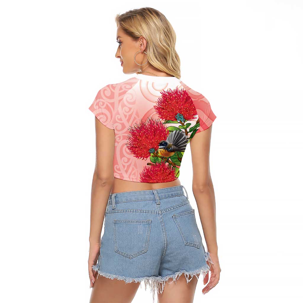 New Zealand Fantail Raglan Cropped T Shirt Maori Koru With Pohutukawa Flowers - Aussie Hoodie
