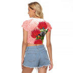 New Zealand Fantail Raglan Cropped T Shirt Maori Koru With Pohutukawa Flowers - Aussie Hoodie