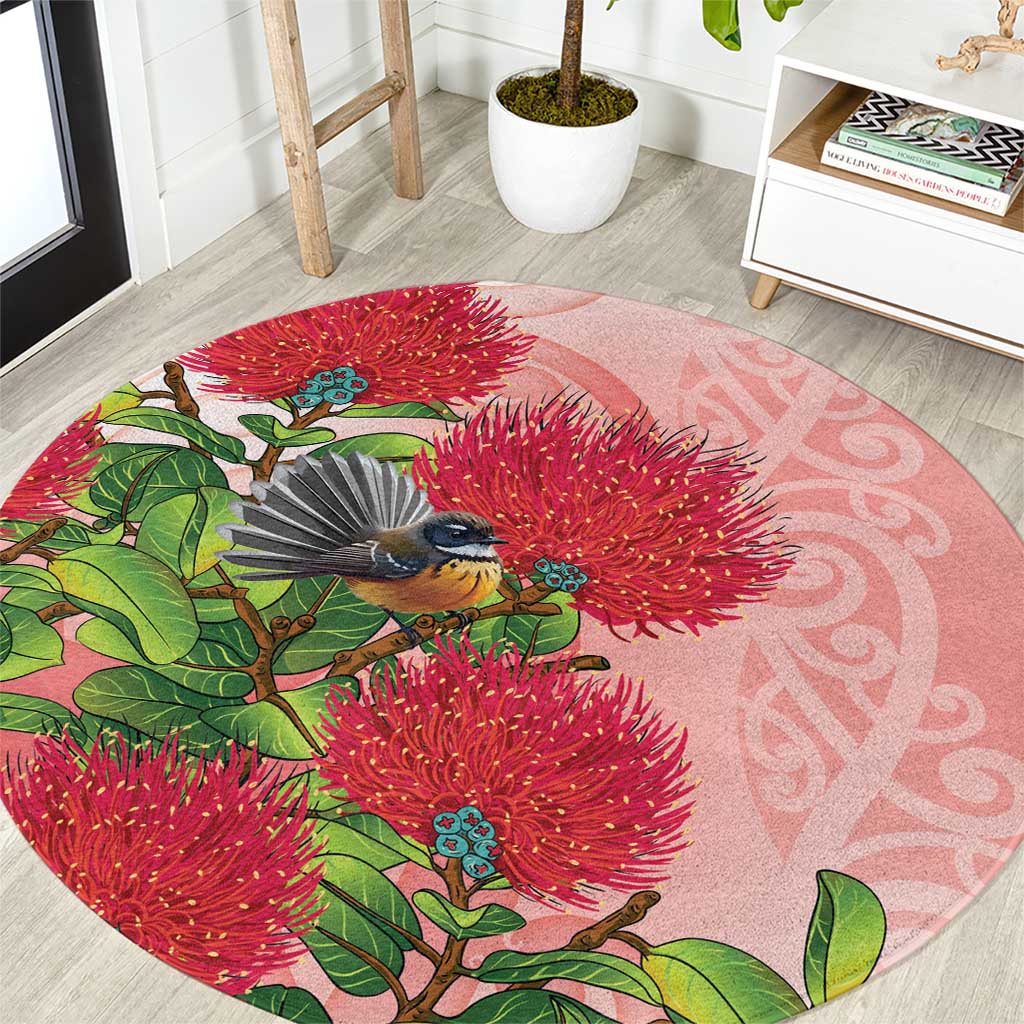 New Zealand Fantail Round Carpet Maori Koru With Pohutukawa Flowers - Aussie Hoodie
