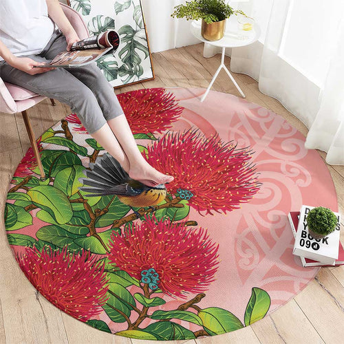 New Zealand Fantail Round Carpet Maori Koru With Pohutukawa Flowers - Aussie Hoodie