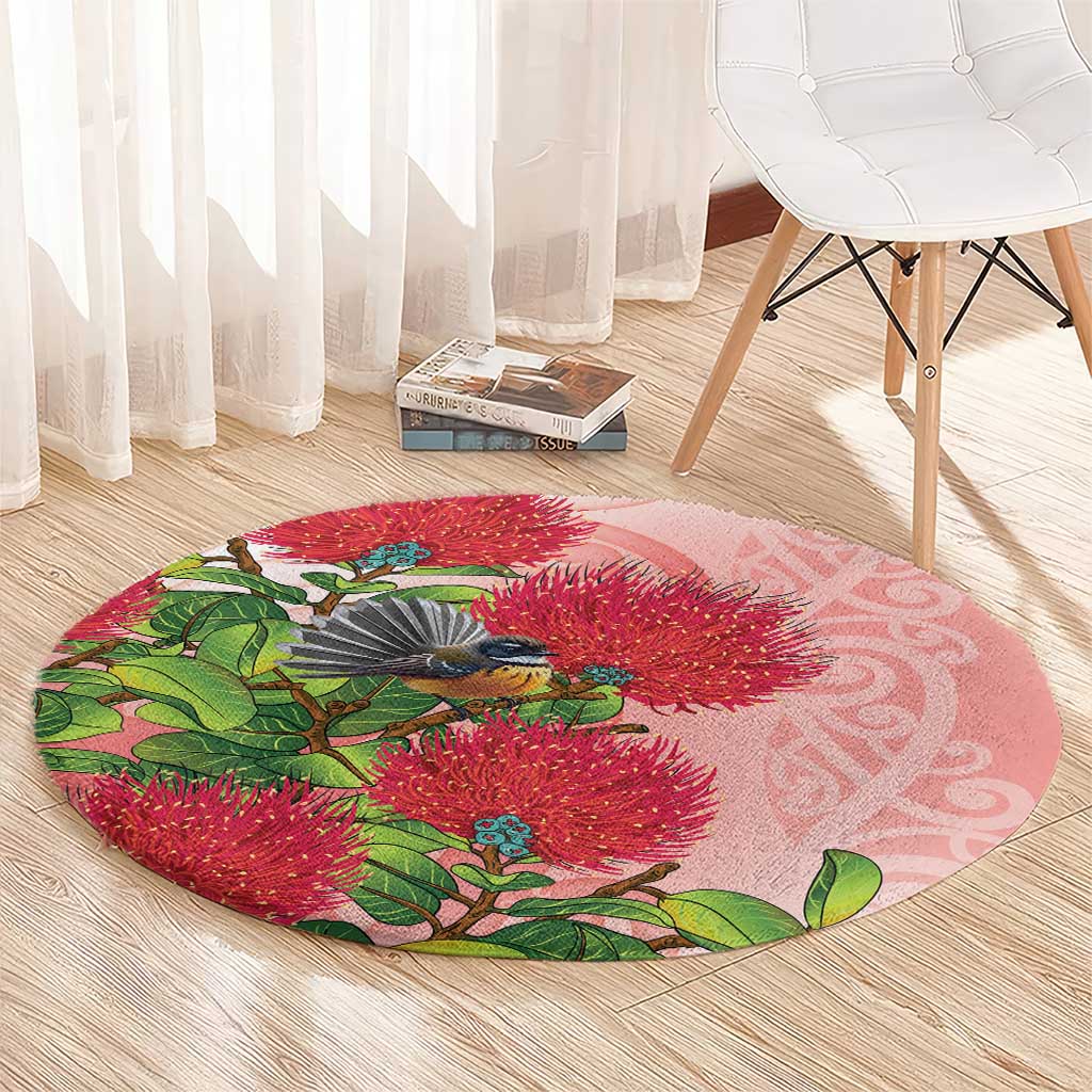 New Zealand Fantail Round Carpet Maori Koru With Pohutukawa Flowers - Aussie Hoodie