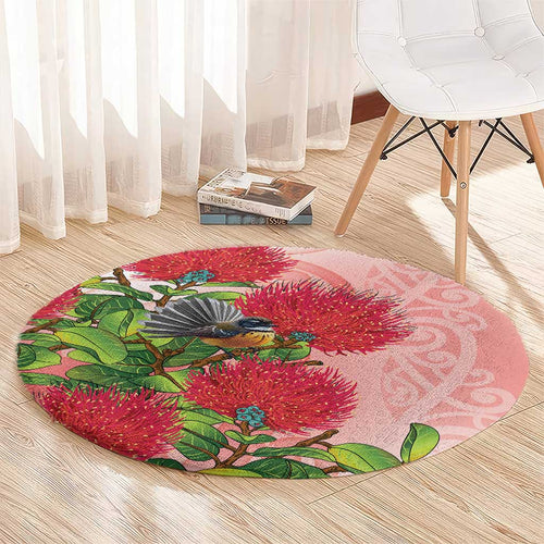 New Zealand Fantail Round Carpet Maori Koru With Pohutukawa Flowers - Aussie Hoodie