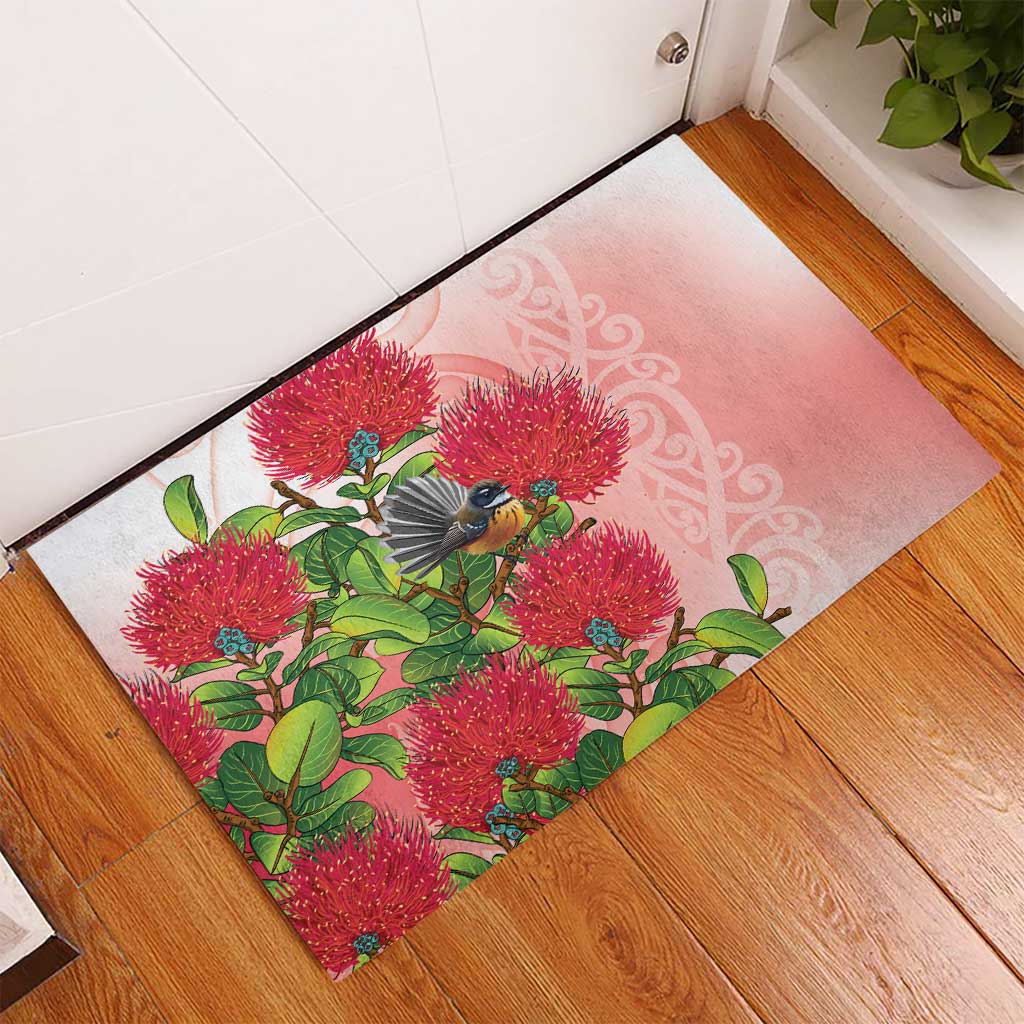New Zealand Fantail Rubber Doormat Maori Koru With Pohutukawa Flowers - Aussie Hoodie